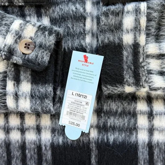 Cat & Jack Black & White Plaid Shirt Jacket Boys Large (10/12) Button Front - Picture 4 of 6
